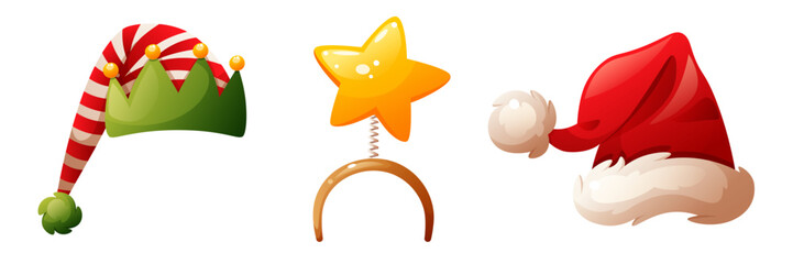 Three festive hats including a Santa Claus hat, an elf hat with stripes, and a yellow star headband. Perfect for holiday celebrations.