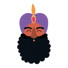 One of three kings, king Balthazar face isolated on transparent background. Hand drawn flat vector illustration. Cartoon character. Epiphany Day, Christmas design element, clip art