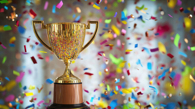 gleaming gold trophy amidst celebration confetti, symbolizing achievement and success. This visual represents victory in a professional or competitive context, capturing the joy,