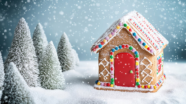 Festive gingerbread house adorned with colorful candy trim and a red door, nestled among snow-covered pine trees and falling snowflakes, holiday cheer concept. - Powered by Adobe