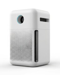 Obraz premium Modern white electronic device features a perforated front surface and indicator light detail