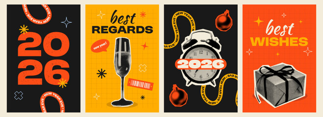 Retro halftone New Year posters with bold typography, collage-style champagne glass, gift box, alarm clock, and 2026 lettering. Designed in festive red, black and yellow color scheme.