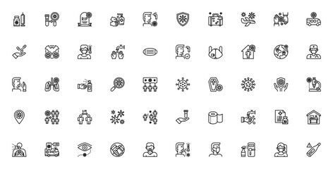 Coronavirus icon set. Vector line icons pack. Featurng vaccine, mask, pandemic protection, sanitizer, soial distance, symptoms andmore. Editable stroke.