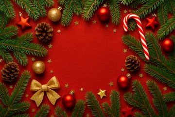 Christmas background top view with fir branches and decorations creating a festive holiday composition