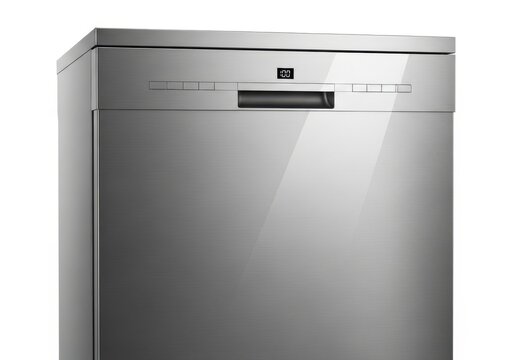 Modern metallic kitchen appliance displays digital time readout and control panel elements