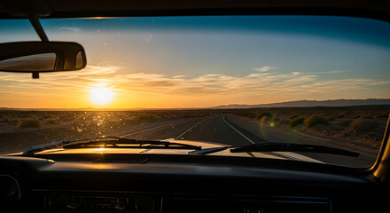 Atmospheric photograph vintage car windshield desert road sunset freedom