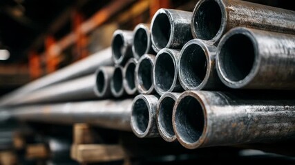 Medium shot of pressurerated seamless pipes stacked methodically highlighting sturdy metal construction ideal for highpressure plumbing systems and industrial applications.