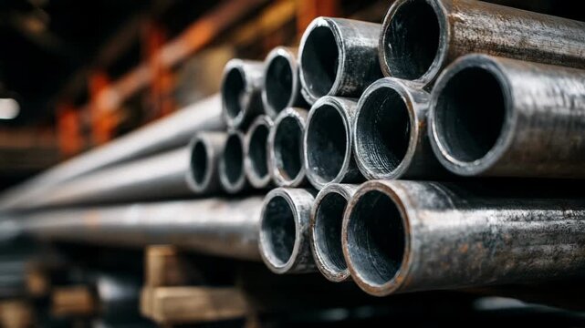Medium shot of pressurerated seamless pipes stacked methodically highlighting sturdy metal construction ideal for highpressure plumbing systems and industrial applications.