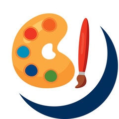 Artistic Palette With Red Brush And Blue Crescent Shape On White Background Representing Creativity And Design