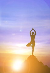 Silhouette woman practicing yoga on mountain peak at sunrise, mindfulness and balance concept