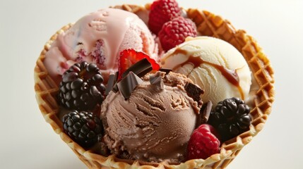 An assortment of ice cream scoops vanilla, chocolate, strawberry served with fresh raspberries and blackberries in a crisp waffle bowl