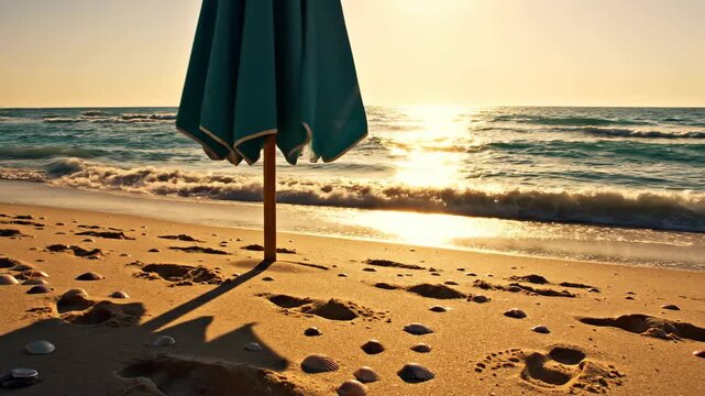 A tranquil sunrise casting a golden glow over the sparkling ocean waves, with a turquoise beach umbrella standing tall on the sandy shore marked by footprints