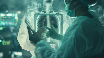 A surgeon in sterile garb uses a tablet to view a futuristic, glowing holographic projection of a human skeleton and internal organs during a high-tech medical procedure or diagnosis