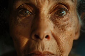 Elderly Hispanic woman dramatic low-key portrait adult with deep facial wrinkles and shadowed eyes, conveying a sense of age, experience, and focused intensity