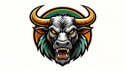 An aggressive gray bull mascot with golden horns and a teal mane, roaring fiercely inside a circular emblem.