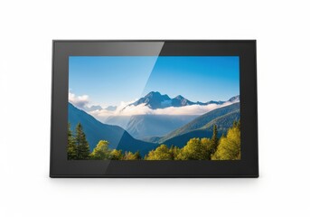 Fototapeta premium Rectangular digital display device showcases vibrant mountain landscape scene against white background