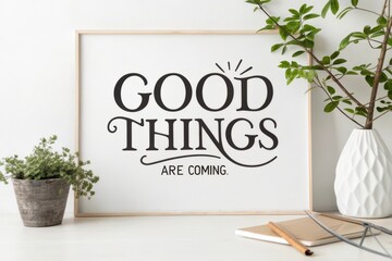 Framed Good Things Are Coming Text with Plants and Notebook