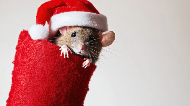 adorable rat in santa hat peeking from red christmas stocking on white background, festive and playful