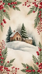 Christmas Winter Landscape with Snowy House and Red Berries