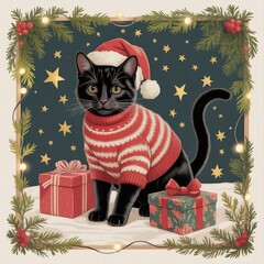 Black Cat Wearing Christmas Sweater and Hat Surrounded by Gifts and Decorations