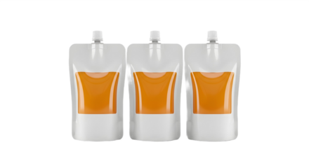 Three pouches filled with orange liquid mockup on a white background with transparent background