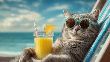 Generative AI. Relaxed gray cat wearing sunglasses lounges on a beach chair, enjoying a refreshing drink, with ocean waves and a bright sky in the background, embodying a carefree summer vibe