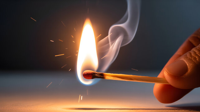 Hand holding burning matchstick, bright flame with sparks and smoke, ignition concept, closeup on dark background, danger and heat.