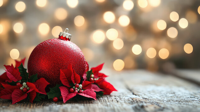 A red Christmas ornament ball with poinsettia flowers on a rustic wooden surface with festive bokeh lights in the background - Powered by Adobe