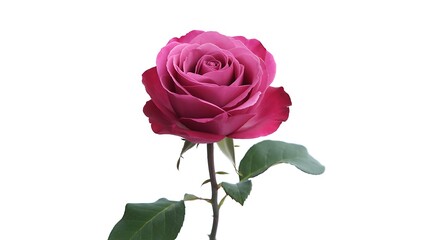 A vibrant pink rose with green leaves isolated on a white background flower bloom