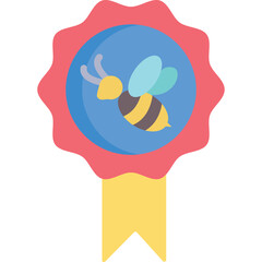 Award Medal Featuring a Stylized Bee Illustration on a Vibrant Blue Circle Surrounded by a Red Starburst Shape with a Yellow Ribbon Below Detailed Flat Design Iconography