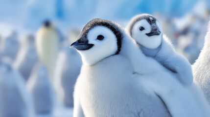 Cute penguin with chick on a beautiful winter day