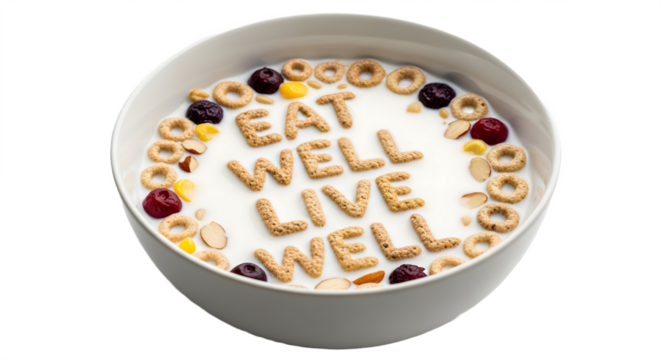 A bowl of cereal with the words eat well live well in the milk with transparent background