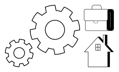 Interlocked gears beside a briefcase and house symbolizing work-life balance, teamwork, and efficiency. Ideal for productivity, planning, organization, strategy, career growth, time management