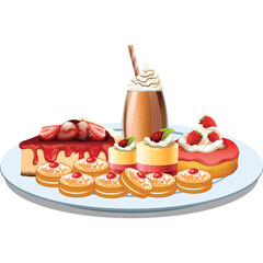 Assortment of Delicious Strawberry Topped Desserts and Baked Goods on a White Plate With a Whipped Cream Topped Chocolate Drink Behind