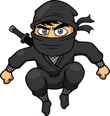 Cute cartoon ninja character illustration, action pose with sword, stealth warrior mascot design for gaming, martial arts, Japanese culture artwork