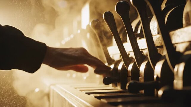 A hand plays keys on an antique machine, with levers and dust, lit by a warm, golden light