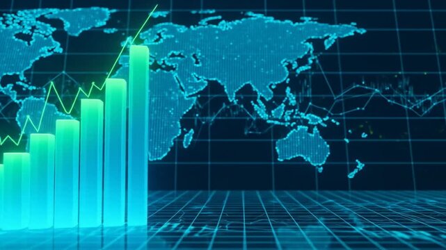 Animated stock market chart with rising bar graph depicting growth over a world map backdrop, - Powered by Adobe