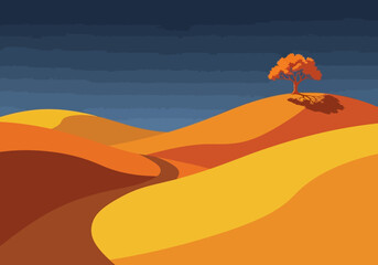 Fototapeta premium Stylized desert dunes with a single orange tree against a dark blue sky