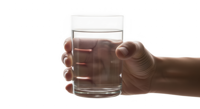 Person Holding Glass of Water isolated on transparent background. Hand gripping a clear water glass. Dramatic side-lit photo of a hand holding a drink. - Powered by Adobe