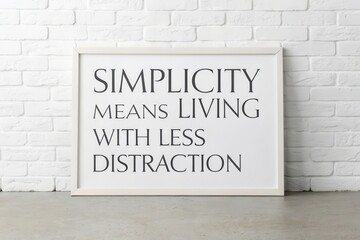 Framed text stating Simplicity Means Living With Less Distraction