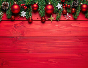 Vibrant Christmas tree branches with festive red holiday decorations and ornaments create beautiful border on bright wooden background, evoking joyful and celebratory season