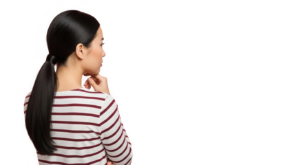 Woman in Profile Contemplating with Hand on Chin isolated on transparent background. Thoughtful woman in striped shirt. Person in striped top touching face.