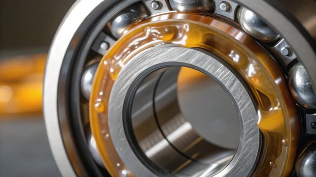 Ball bearing close up with metal balls and lubricant for smooth operation in mechanical machinery parts used in agriculture and industrial sectors