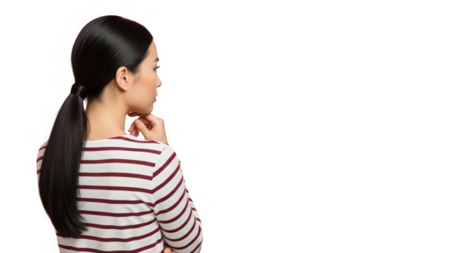 Woman in Profile Contemplating with Hand on Chin isolated on transparent background. Thoughtful woman in striped shirt. Person in striped top touching face.