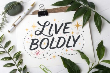 Inspirational handwritten message Live Boldly on a clipboard