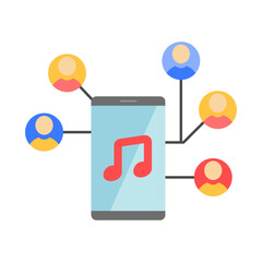 Shared playlist party icon featuring a smartphone with music notes connecting to multiple users. Ideal for music sharing, social audio experiences, and collaborative playlist visuals.