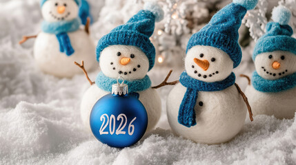 Adorable wool snowmen with blue hats and scarfs in snowy scene, blue ornament with 2026, symbolizing new year