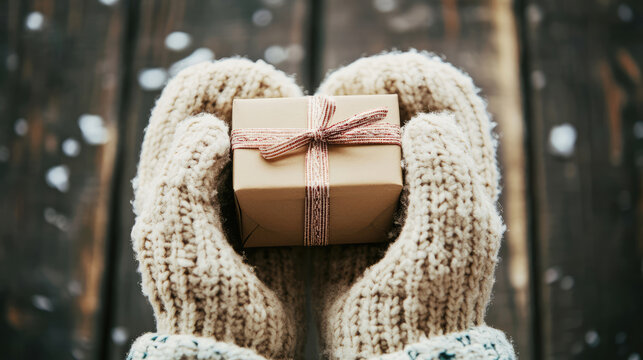 Cozy winter mittens holding a gift box