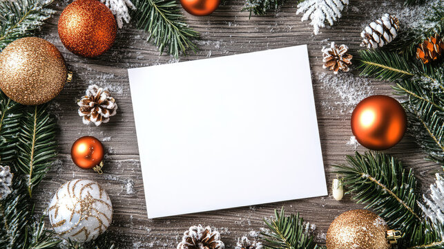 Blank greeting card surrounded by festive winter decorations
