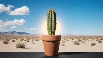 cactus standing upright in a brown pot, wide desert background